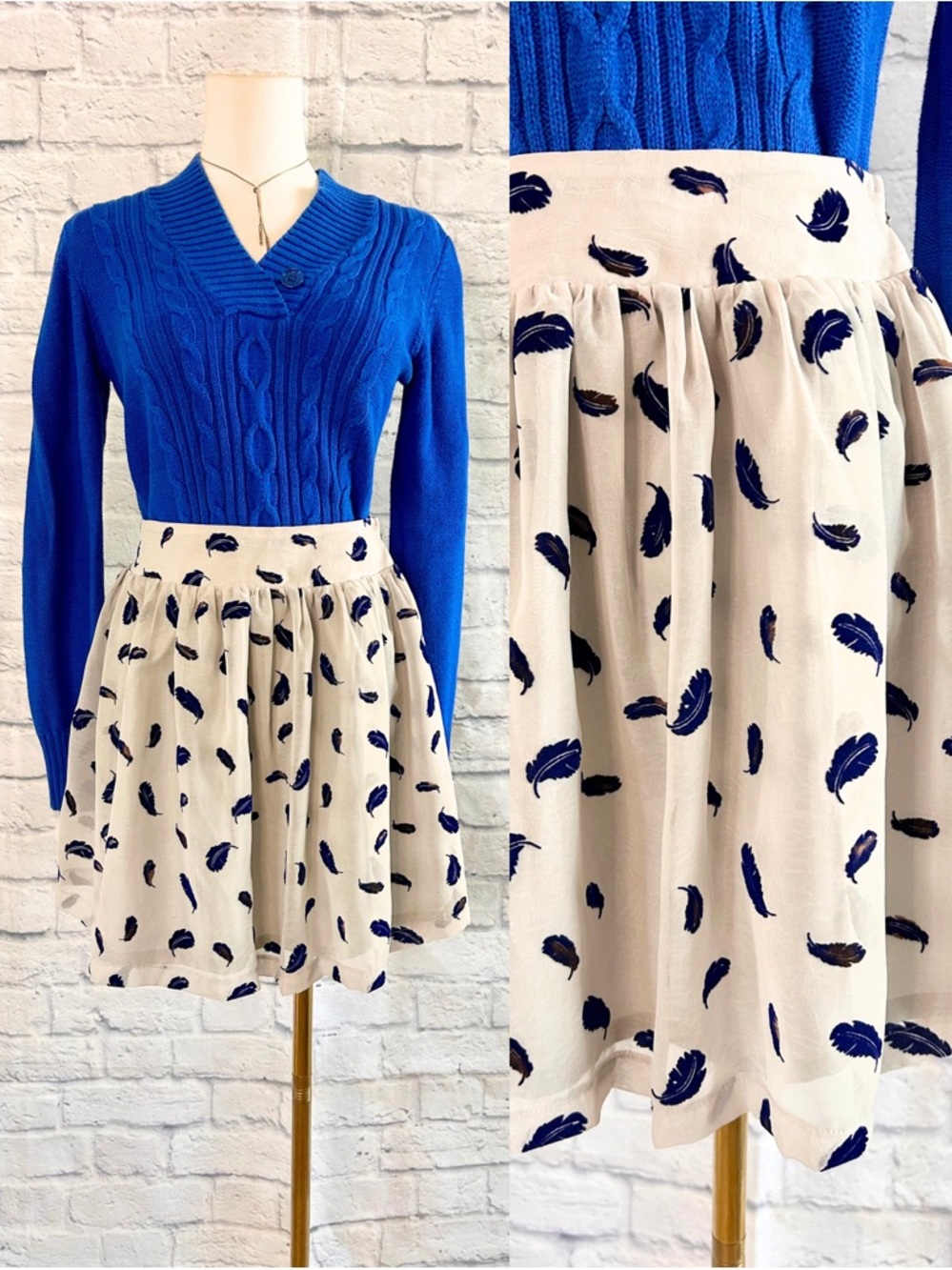 2 Piece Career Outfit Flocked Velvet Mini Skirt Cream Blue Sweater Office Twee